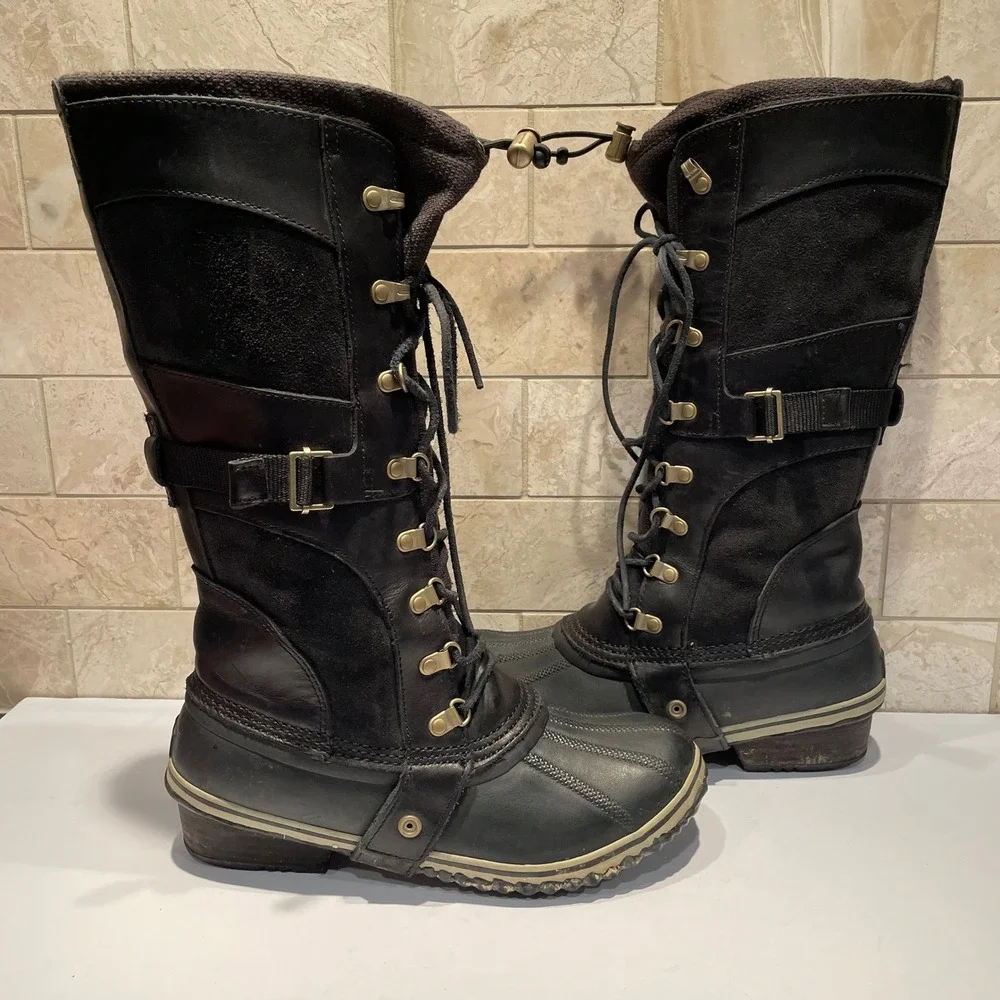 Sorel Conquest Carly Black Leather Suede Tall Winter Boots Waterproof  Womens 10